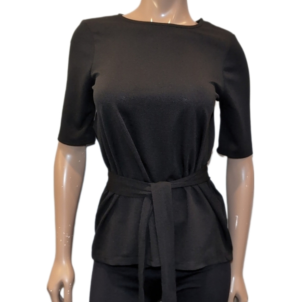 REITMANS Tie Waist Tshirt Blouse Short Sleeve Black Crew Neck Top Size Small